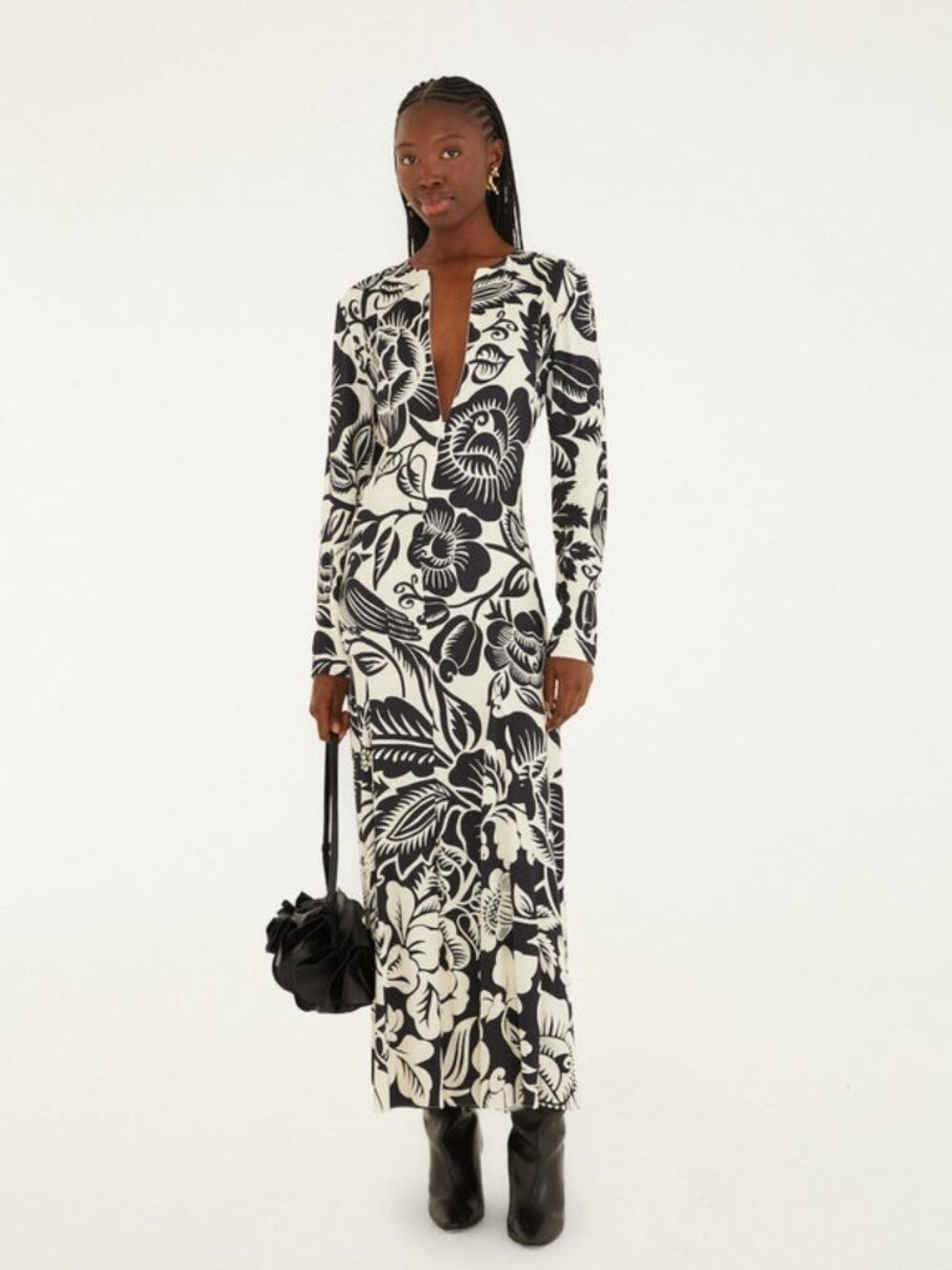 FARM Rio Cashews and Birds Maxi Dress Long Sleeves Size M White Black